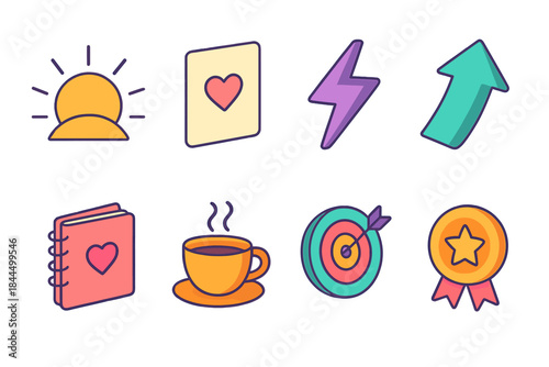 Vibrant Motivation Icons. Daily Motivation Boost isometric flat set: sunrise spark, positive quote card, energy bolt, uplifting arrow, gratitude notebook, warm coffee cup, focus