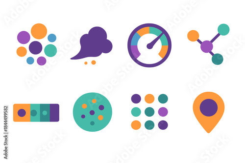 Vibrant Particle Icons. Environmental particle complexity flat set: micro-fragment cluster tile, aerosol plume bar, particulate density gauge, drift-path node, dust spectrum strip,