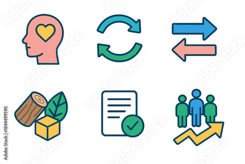 Isometric Trade Icons. Responsible Trade Principles isometric flat set: dignity icon, support cycle, equitable exchange arrow, sustainable materials, verified standards sheet,