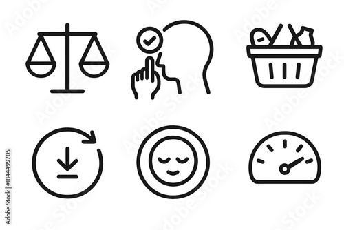 Sustainability Icon Trio. Living with Enough linear set: balanced resources scale, mindful choice icon, essential-only basket, reduced-waste arrow, calm focus ring, sustainability