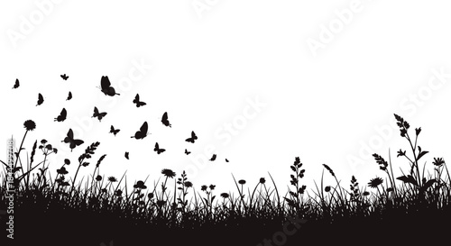 Black silhouette of a grassy meadow with wildflowers like dandelions and a beautiful swarm of butterflies flying up into the sky.