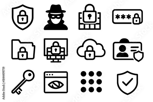 Privacy Security Icons. Privacy & Security Icons linear set: shielded lock, masked profile, encrypted data block, secure passcode, private folder, security gateway, protected cloud