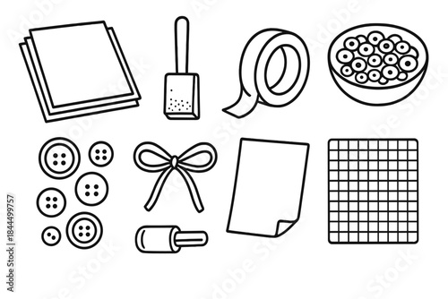 Crafting Supplies Icons. Independence Day art station linear set: cardstock stack, sponge brush, washi tape, sequins bowl, button assortment, twine bow, foil sheet, crafting mat.