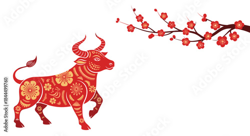 Red papercut style ox decorated with floral patterns walking under a blooming cherry blossom branch for the Chinese New Year 2021.