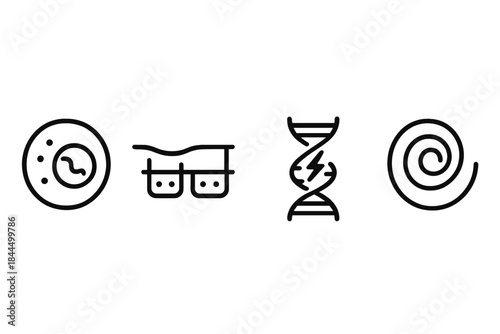 Cellular Maintenance Icons. Cellular Maintenance Systems linear set: stem-cell hub, protein-synthesis strip, repair-signal coil.
