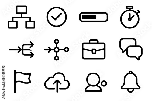 Workflow Icon Set. Distributed Workflow Symbols linear set: workflow nodes, connector lines, approval checkmark, progress bar, timer, routing arrow, shared hub, digital briefcase,