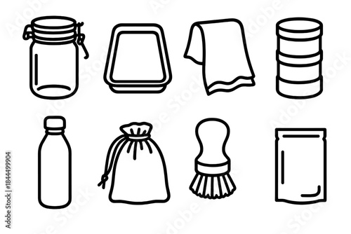 Eco-Friendly Reuse Tools. Home reuse toolkit linear set: glass canister, reusable tray liner, fabric wipe, stackable tin, water bottle, cloth pouch, wooden brush, refill sachet.
