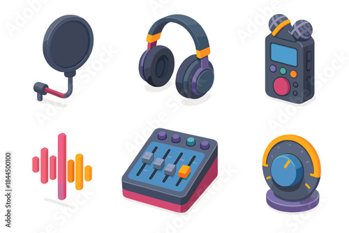 Isometric Recording Gear Icons. Recording Gear Essentials flat isometric set: pop filter, studio headphones, audio recorder, mixer panel, soundwave icon, monitoring dial.