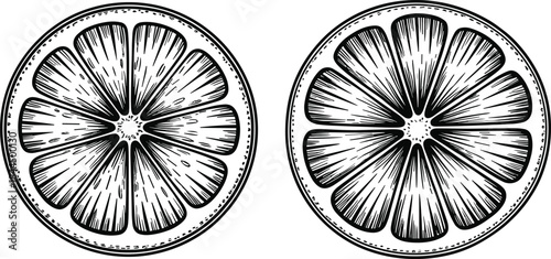 Citrus slice illustration, orange segment, grapefruit sketch, fruit anatomy, black and white drawing, pulp texture, botanical artwork, juicy detail