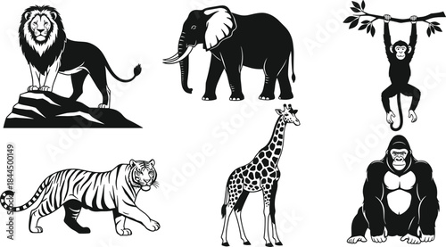 Wild animal silhouettes collection featuring lion elephant tiger giraffe monkey gorilla, safari wildlife illustration, black and white vector set