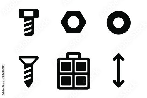Bolt & Nut Icons. Compact Bolt & Nut Assortment silhouette set: small bolt, tiny nut, micro washer, short screw, organizer box, size indicator.
