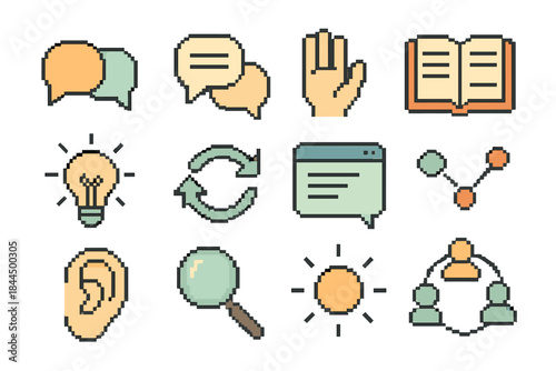 Open Dialogue Icons. Open Dialogue pixel style set: paired speech bubbles, conversation lines, friendly wave, open notebook, shared idea spark, gentle arrows, chat window,