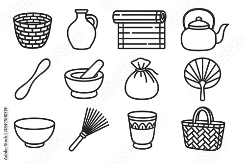 Cultural Daily Life Icons. Daily Life Objects from Different Cultures linear set: woven basket, clay water jar, bamboo mat, metal kettle, wooden spoon, stone grinder, fabric pouch,