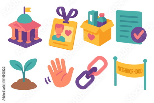 Local Engagement Icons. Local Engagement Elements isometric flat set: town hall icon, volunteer badge, shared resources box, feedback form, community garden sprout, friendly wave
