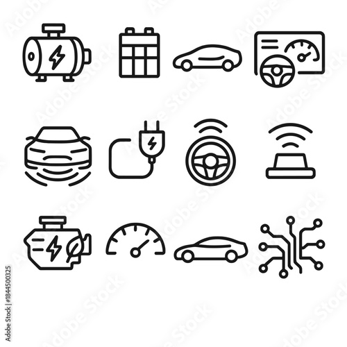 Futuristic Car Elements. Automotive Innovation linear set: electric motor icon, battery pack, aerodynamic body line, smart dashboard, sensor array, charging plug, autonomous