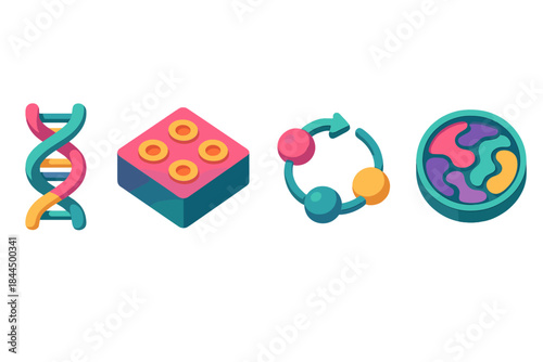 Colorful Biodesign Icons. Regenerative Biodesign Models flat isometric set: bio-material strand, programmed-cell tile, feedback-cycle bead.