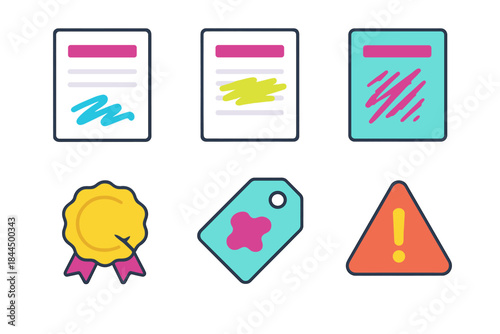 Isometric Tamper Indicators. Tamper Indicator Set isometric flat set: blurred signature, overwritten field, scraped surface, broken seal, anomaly tag, alert triangle.