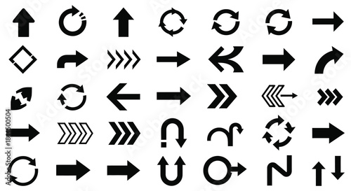 Collection of black arrows and directional symbols on white background sign pointer