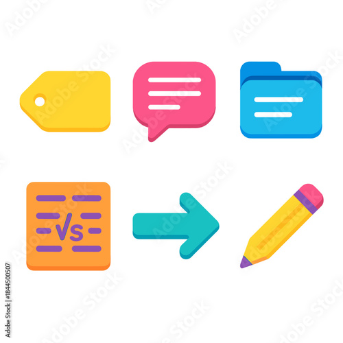 Isometric Vocabulary Icons. Vocabulary Management Tools isometric flat set: term label, definition bubble, relation arrow, topic tab, comparison sheet, edit marker.