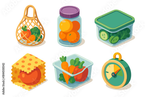 Colorful Sustainable Storage. Sustainable Groceries Storage flat isometric set: reusable produce bag, glass jar, airtight container, beeswax wrap, fridge bin, freshness gauge.