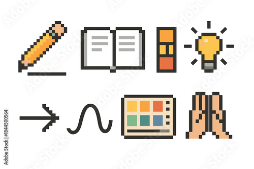 Creative Routine Pixel Icons. Creative Routine Icons pixel style set: pencil line, open notebook, pattern blocks, inspiration spark, flow arrow, repeating curve, tidy palette,