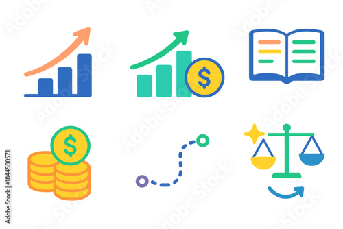Financial Growth Icons. Healthy Cashflow flat set: growth arrow, steady bar, savings stack, timely payment icon, clean ledger, clear path line, healthy balance spark, continuous