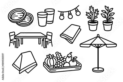 Eco-Friendly Picnic Setup. Green Outdoor Entertaining linear set: bamboo plates, reusable cups, string lights, fresh herbs, communal table, cloth napkin, cool shade umbrella,