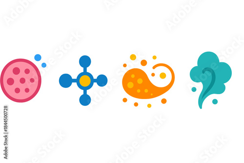 Micropollutant Vector Icons. Micropollutant Spread Forms flat set: nano-debris bead, dispersed chemical speck, drifting dust curl.