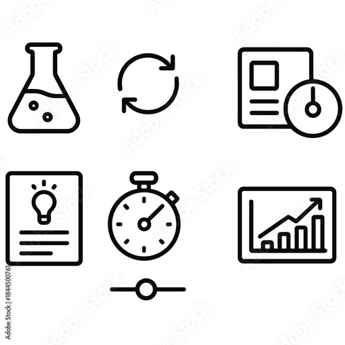 Experimental Icons Collection. Creative Experiment Loop linear set: beaker experiment, iterative arrows, sample card, calibration dial, hypothesis sheet, experiment timer,