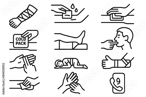 First Aid Icons. First Aid Procedures linear set: bandage wrap, wound cleaning, pressure application, cold pack, elevation step, breathing check, pulse check, recovery position,