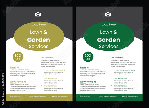 Lawn mower landscaping garden service flyer brochure cover template. Tree and gardening service poster leaflet design. lawn care flyer design template. landscaping and gardening lawn care service flye