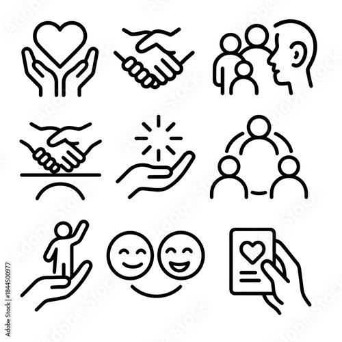 Supportive Icons Collection. Supportive Relationship Icons linear set: empathy heart, gentle handshake, family-style circle, active listening bubble, trust bridge, kindness spark,