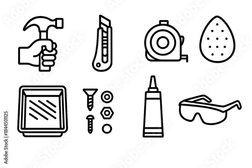 Remodel Tools Icons. Remodel Essentials Set linear set: hammer grip, utility cutter, measuring reel, sanding pad, paint tray liner, hardware set, patch compound tube, protective