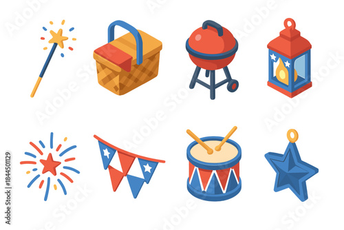 Independence Day Icons. Independence Day celebration set isometric flat set: sparkler, picnic basket, grill, lantern, fireworks burst, festive banner, drum, star ornament.