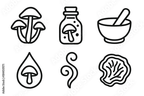 Mushroom Potion Elements. Myco-Potion Elements linear set: cluster mushroom, infused vial, mortar bowl, potion droplet, spiral wisp, dried fungus slice.