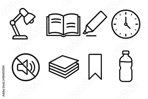 Study Icon Set. Focused Study Settings linear set: desk lamp, open textbook, highlight marker, timer clock, quiet zone symbol, neatly stacked notes, bookmark tab, water bottle.
