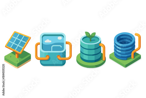 Colorful Water Framework Icons. Resource-Efficient Water Frameworks flat isometric set: stormwater-collect panel, distribution-loop tile, eco-flow coil.
