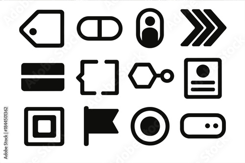 Brutalist Icon Set. Generative Prompt Components silhouette set: requirement tag, tone modifier chip, persona capsule, step-by-step cue, boundary constraint bar, template bracket,