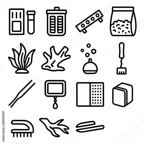 Aquarium Essentials Icons. Home Aquarium Gear linear set: water test kit, filter cartridge, aquarium light bar, gravel bag, decorative plant, driftwood piece, bubble stone, tank