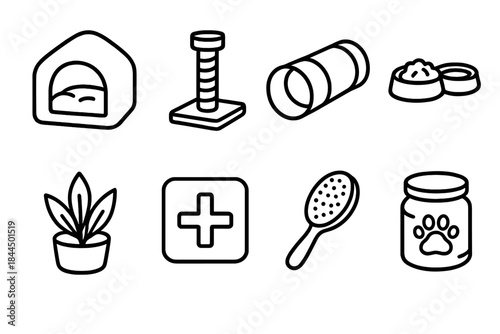 Pet Comfort Icons. Companion Animal Spaces Set linear set: cozy nook, scratch post, play tunnel, feeding station, pet-safe plant, calm zone marker, grooming brush, treat jar. [.