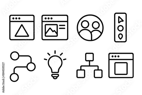Digital Platforms Icons. Creative digital platforms linear set: design tile, content module, collaboration ring, tool palette, workflow path, idea beacon, asset node, output tile.