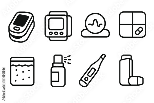 Home Health Gadgets. Home monitoring devices linear set: pulse oximeter, wrist BP monitor, respiration tracker, pill box, cooling gel pack, antiseptic spray, temperature probe,