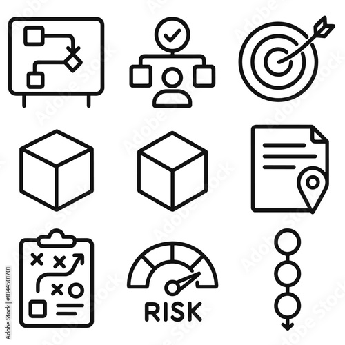 Workflow Icons Set. Organizational Decision Systems Set linear set: workflow board, approval path, resource block, strategy arrow, planning sheet, policy marker, risk gauge,