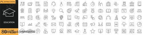 Education icons set editable stroke. Including learning, school, university, online education, presentation and academic projects 