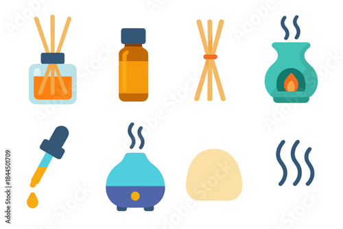 Modern Aroma Diffusers. Fragrance Diffusers flat set: reed diffuser bottle, scented oil vial, wooden aroma sticks, ceramic aroma diffuser, essential oil dropper, misting diffuser