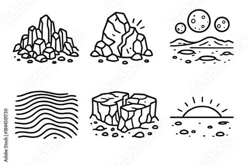 Alien Triple-Moon Landscape. Alien Multi-Moon Terrain linear set: jagged basalt field, glowing mineral vein, triple-moon skyline, dust ripple pattern, fractured plateau, dawn