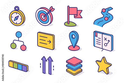 Isometric Strategy Icons. Strategic Framework Set isometric flat set: strategy compass, goal target, priority flag, roadmap curve, decision nodes, action steps card, milestone