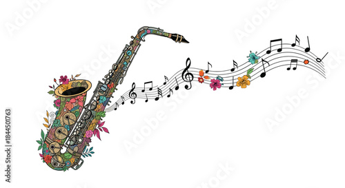 Artistic illustration of a saxophone covered in colorful flowers, with musical notes flowing out from it on a musical staff.