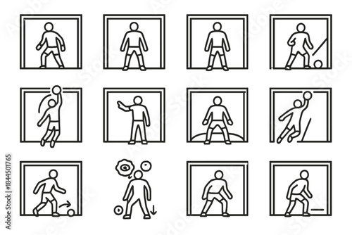 Goalkeeper Positioning Icons. Goal Area Positioning linear set: near-post guard, far-post alignment, six-yard box stance, penalty angle setup, aerial reach zone, defensive command