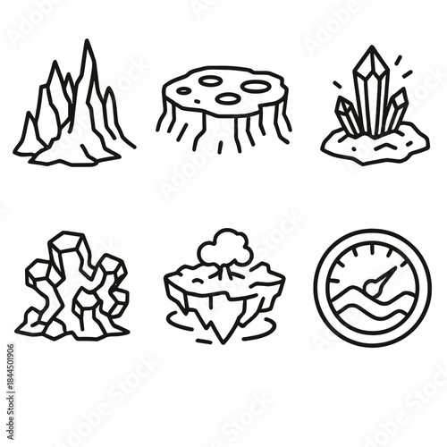 Alien Topography Icons. Unknown World Topographies linear set: jagged alien ridge, cratered plateau, glowing mineral patch, fractal rock formation, floating island icon, terrain